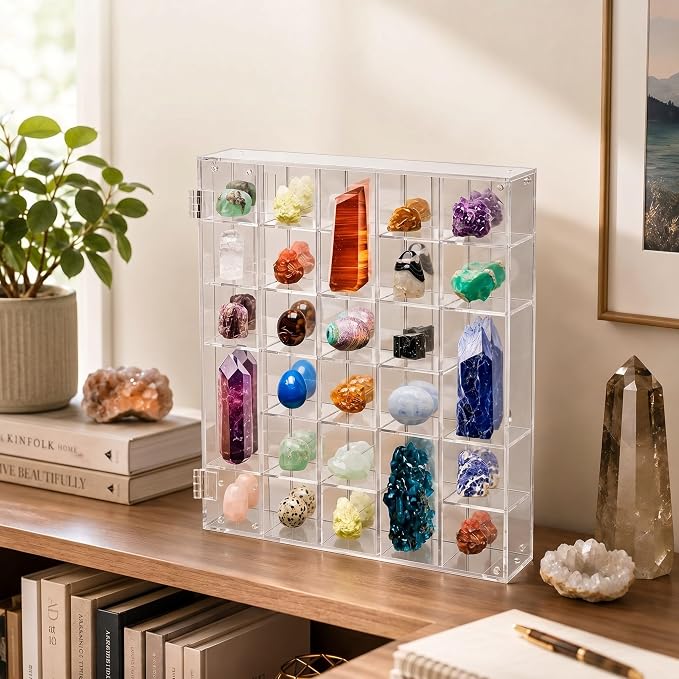 Cinnvoice Rock Display Case 30 Grids,Transparent Border,Square | Adjustable Acrylic Display Case, Crystal Organizer for Collectible, with Built-in Mirrored, Magnetic Door, Wall Mount