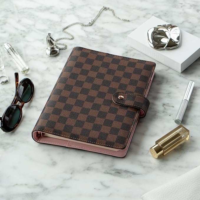 DAILY RITMO™ PU Checkered Leather A5 Six Ring Binder Planner Cover with 160 Pages of Daily To Do List 5.5" x8" | 6 Rings Updated Refillable Half Size Notebook Journal Photocard Budget Agenda