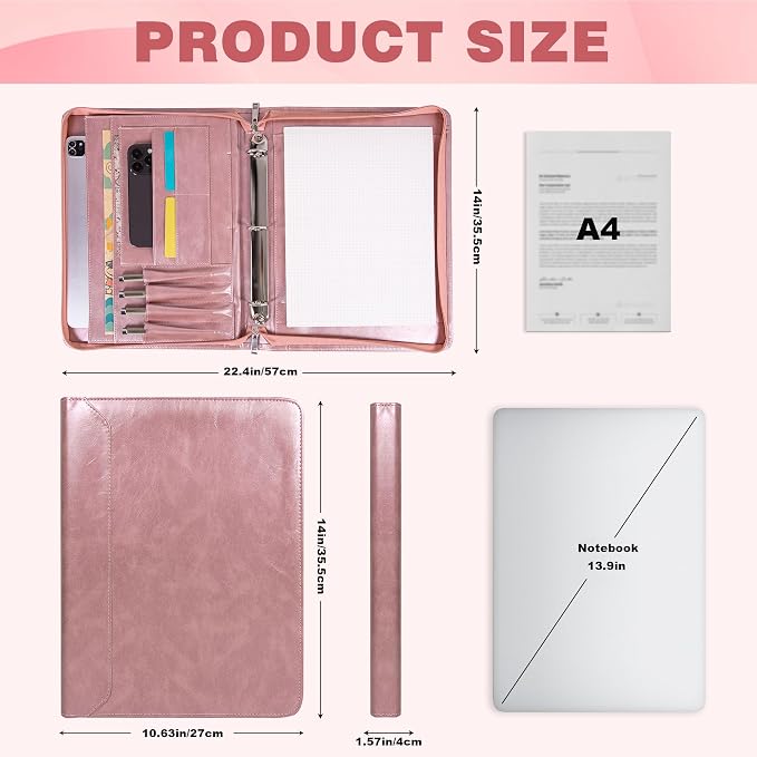 AZXCG Leather Padfolio for Women,3 Ring Portfolio Binder with Zipper,Business Portfolio for Women with A4 Writing Pad Holder, Portfolio Organizer for Business,School,Work