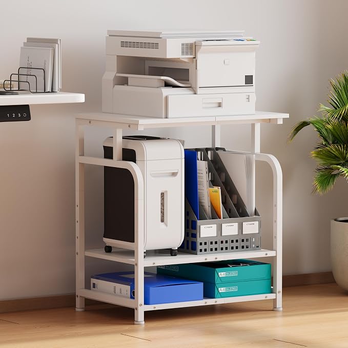 Unionly Large Rolling Printer Stand with Height Adjustable Shelf and Wheels | 3-Tier Rolling Printer Cart with Wheels, Heavy-Duty Wood Printer Table with strudy steel frame for Home Office,White