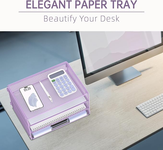 DALTACK 3 Tier Letter Tray Paper Organizer with Sliding Mesh Trays Purple | Metal Mesh File Organizer with Sliding Trays for Letter and A4 Paper, Mail, Bills, Folders and Office Documents