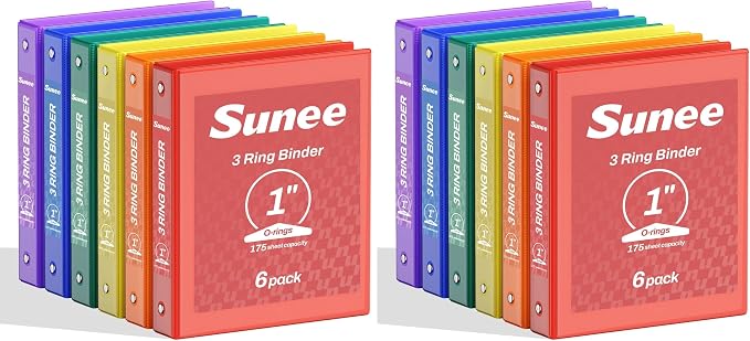 SUNEE 1 Inch Binders 3 Ring 12 Pack, Clear View Three Ring Binders PVC-Free (Fit 8.5x11 Inches) for School Binder or Office Binder Supplies, Classic 6 Colors