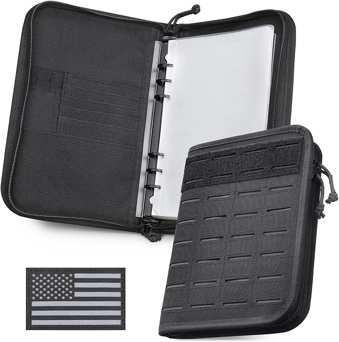 Molle Notebook Cover with Detachable A5 Clear Plastic 6-Ring Binder | 6.9x10" Zip Book Cover, 80 Refill Line Papers, 1“ O-Ring Padfolio binder, for Gift Planners Travel Feild Work School