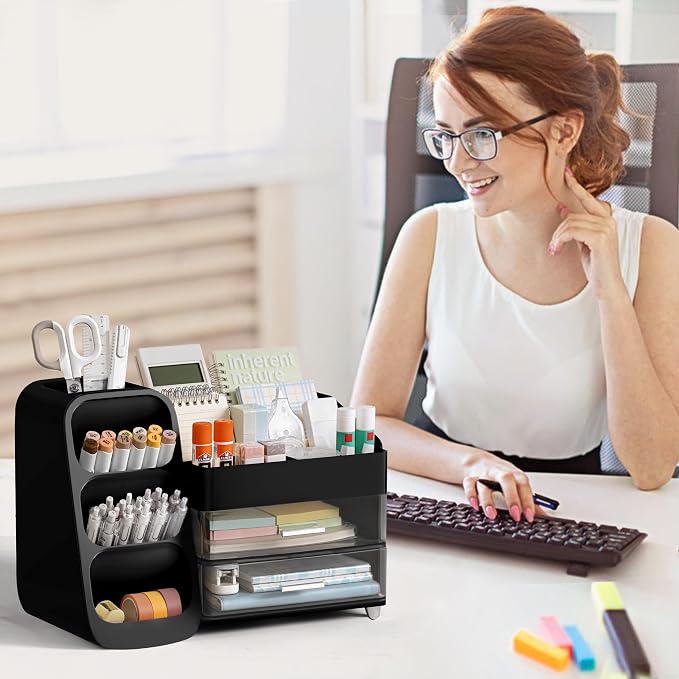 HBlife Desk Organizer with Pen Pencil Holder for Desk, Pen Organizer with 2 Drawers, Desk Organizers and Accessories with 4 Compartments, Desktop Storage for Office Home School Art Supplies, Black