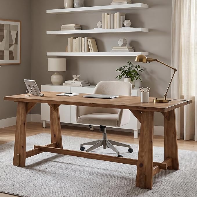 LITTLE TREE 63" Long Large Wood Desks, Solid Wood Office Desk | Farmhouse Executive Computer Desk, Large Work Writing Table, Rustic Brown Business Furniture for Home
