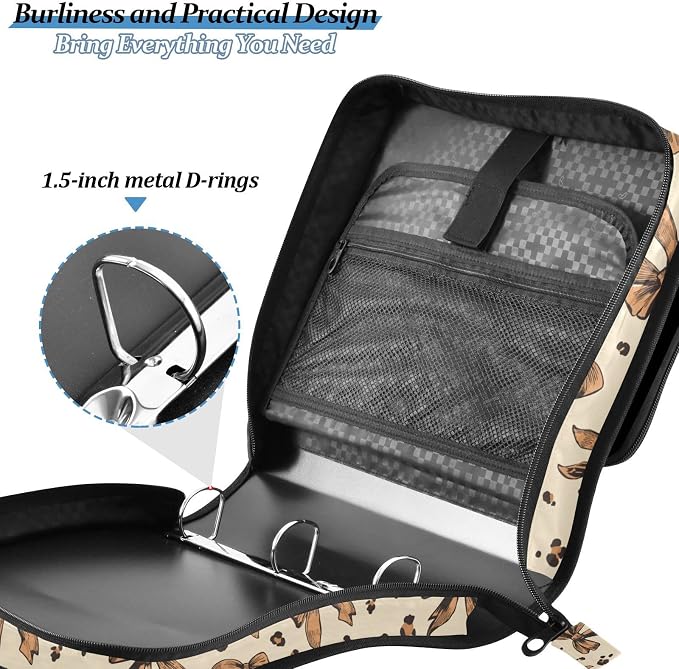 Aslsiy Zipper Binder Leopard Print 1.5 inch 3-Ring Binder Organizer Brown Bows with Shoulder Strap for School Office Supplies