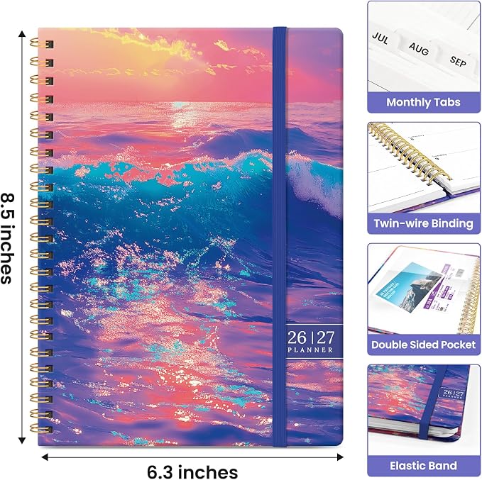 Planner 2026-2027, Monthly & Weekly Jul 2026-Jun 2027 Calendar Book | 6.3" x 8.5", Hardcover Spiral Planner with Tabs, School & Daily Pretty Agenda for Women, Students, Teachers, Sunwave Glow