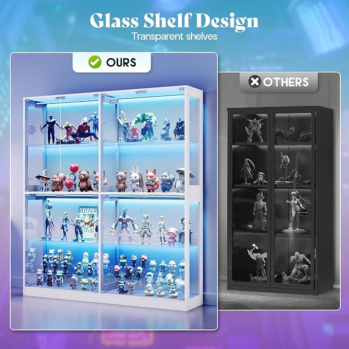 AMERLIFE 60-Inch RGB Display Cabinet with Glass Shelves | 70 H x 60 W x 16 D In, 4-Tier Storage, RGB LED Lights, Press-to-Open Doors, for Collectibles, White