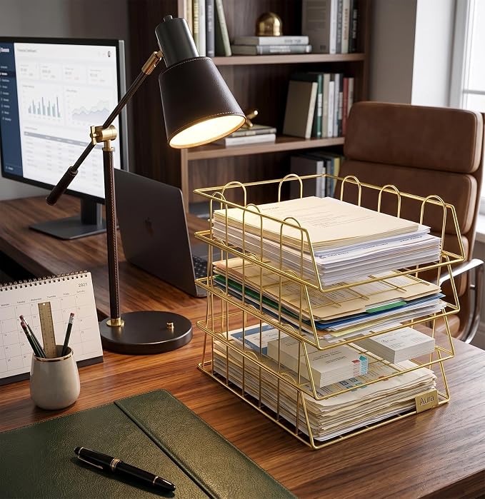Gold Stackable W 9.75" X L 12" Desk Organizer Tray Set (4-Tier)