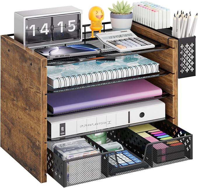 Simple Trending Wooden Desk Organizer, 5-Tier File Organizer, Rustic Brown | Wooden Desk Organizers and Accessories with Drawer & Pen Holder, Natural Wood & Metal for Office Home, 9"L x 12.75"W x 9.75"H