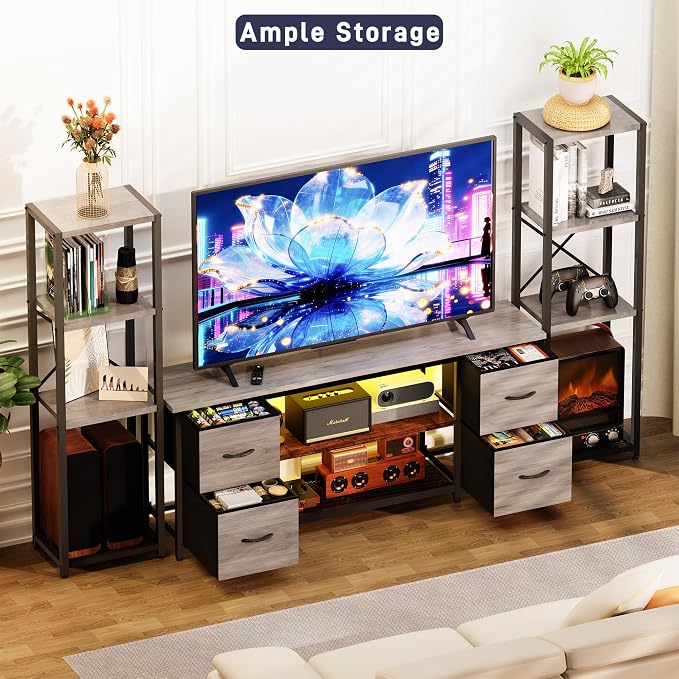 Yenlure LED TV Stand Bookshelf Combo with Charging Station for 65 60 55 Inch TV, Entertainment Center with Lights & Drawers, Industrial Media TV Console Table for Living Room Bedroom Office, Greige