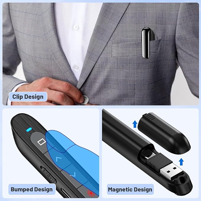 2-in-1 USB Type C Presentation Clicker with Red Light Pointer, Rechargeable Wireless Clicker for Powerpoint Presentations Support Hyperlink Volume Control, Presentation Remote for Mac Windows Keynote