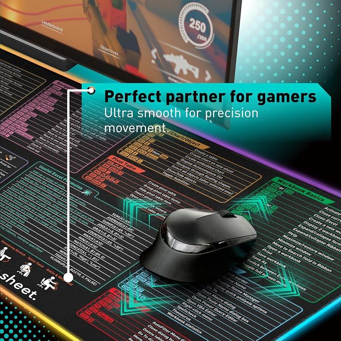 Excel Cheat Sheet LED Desk Pad | Excel Shortcut Keys Mouse Pad - Colorful RGB Luminous Extended Large Gaming Mousepad| PC Office Spreadsheet Keyboard Mat| Non-Slip Stitched Edge Desk Mat