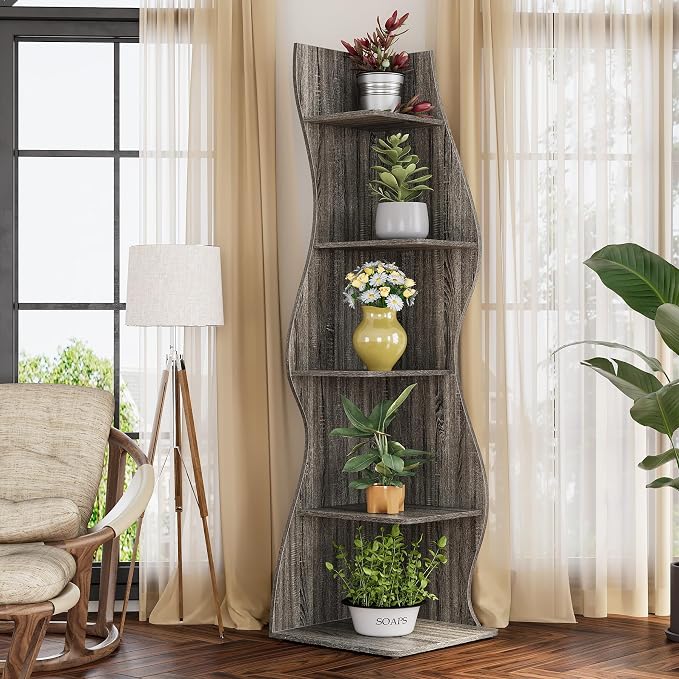 LITTLE TREE Small Corner Shelf, Modern 5-Tier Wall Corner Bookshelf, Stylish Bookcase Storage Rack for Small Space, Living Room, Bedroom