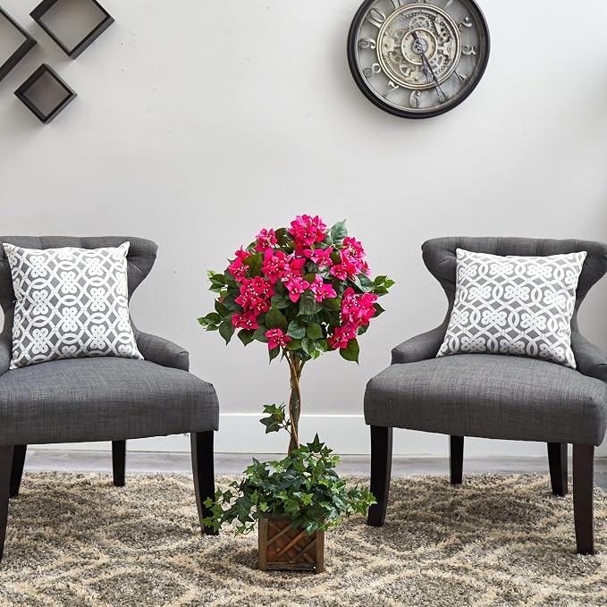 Nearly Natural 34 in Artificial Bougainvillea Topiary with Wood Box | Lifelike Pink Blooms, Maintenance-Free Lush Greenery, Rustic Decorative Wood Box, Indoor Home and Office Accents