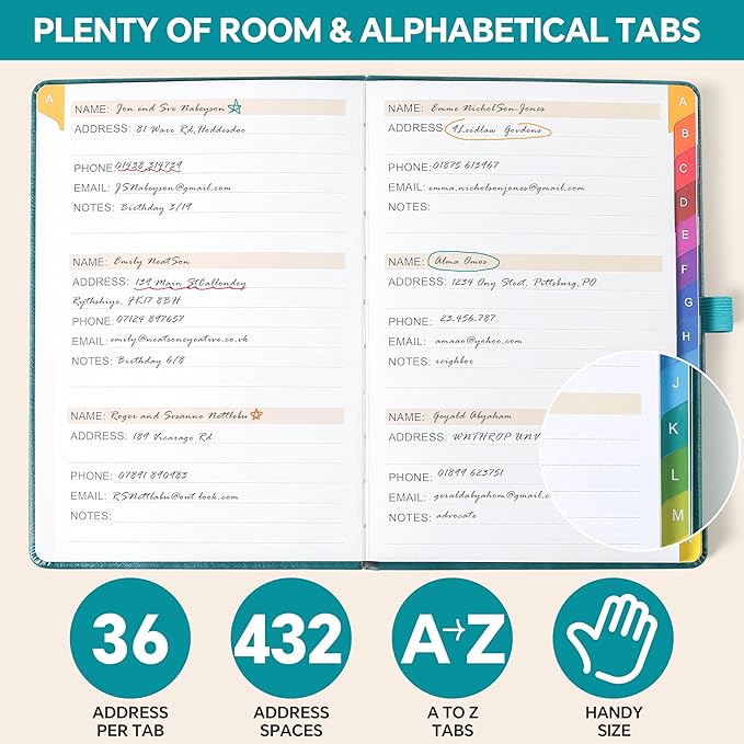 Address Book with Colorful Alphabetical Tabs (8.4" x 5.7") – Hardcover Contact Organizer for Website Passwords, Telephone, Software Licenses, and Important Information – Dark Brown