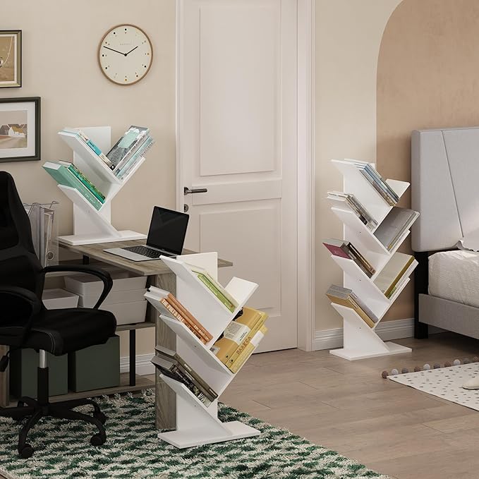 Furinno Tree Book Shelf, 3-Tier Bookshelf with Angled Open Shelf, Tree Bookcase for Room Decor, 8.4 x 15.7 x 21.3, for Organization and Storage, for Living Room, Bedroom, Home Office, White