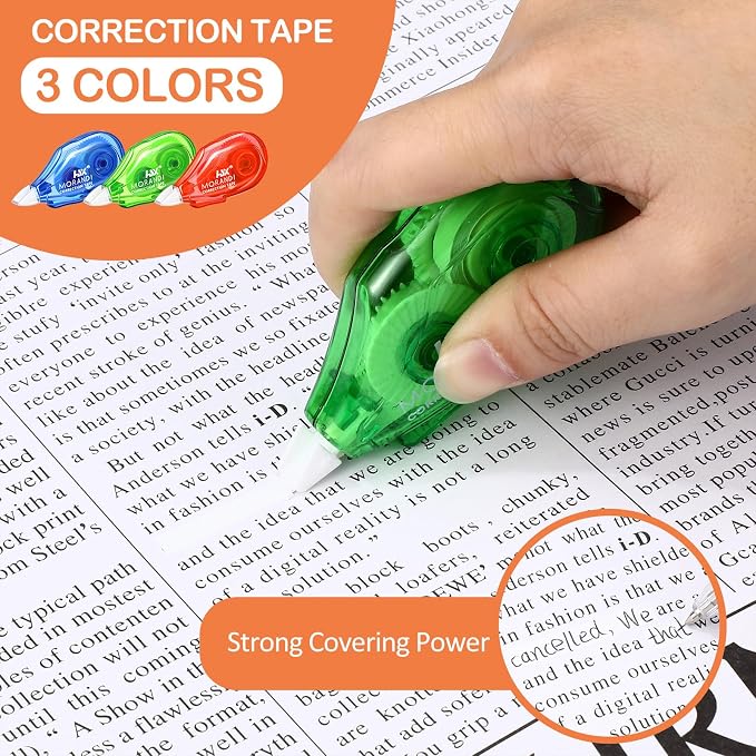 Fullhawl 60 Pack Correction Tape Bulk, 19.7 ft White Wrong out Tear-resistant Roller, Red Green Blue Colored Strips, Instant Dry Smooth Applicator for School, Office, Note Taking, Journal