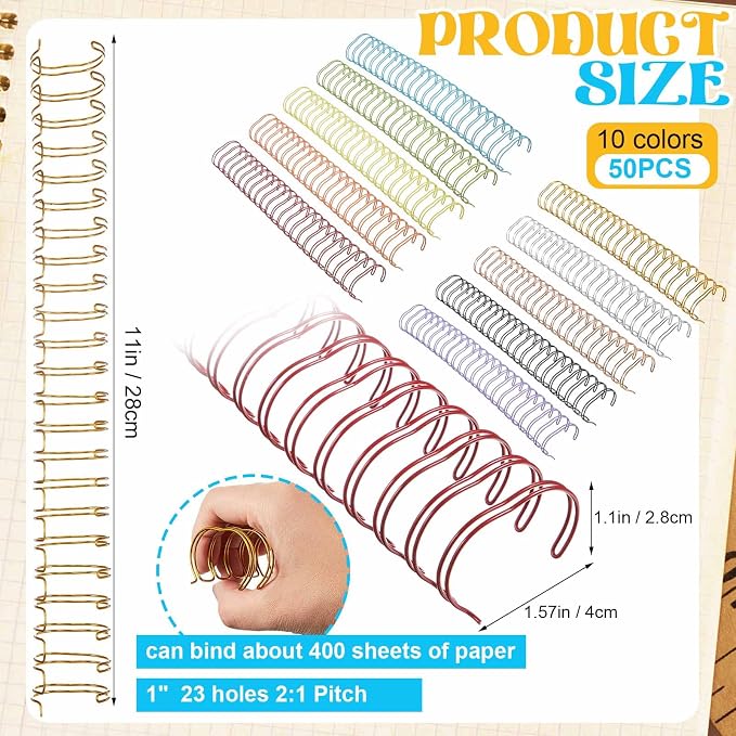 50 Pcs Metal Double Loop Binding Wires 1 Inch Bulk Cinch Binding Wires Double Spiral Ring Coil 10 Colors Twin Spines Combs 23 Holes 2: 1 Pitch Cinch Coil Machine Wire