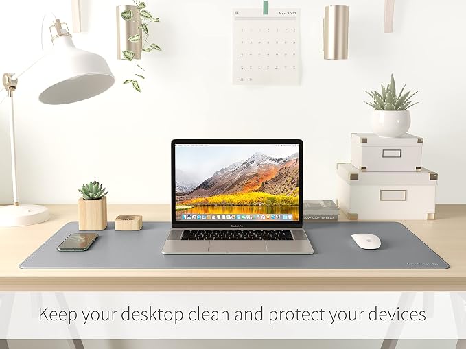 RENMTURE Dual-Sided Mouse Pad, Natural Cork & PU Leather Large Desk Pad for Office and Home Work, Desk Protector Non-Slip, Waterproof, Easy Clean (Gray, 32"x16")