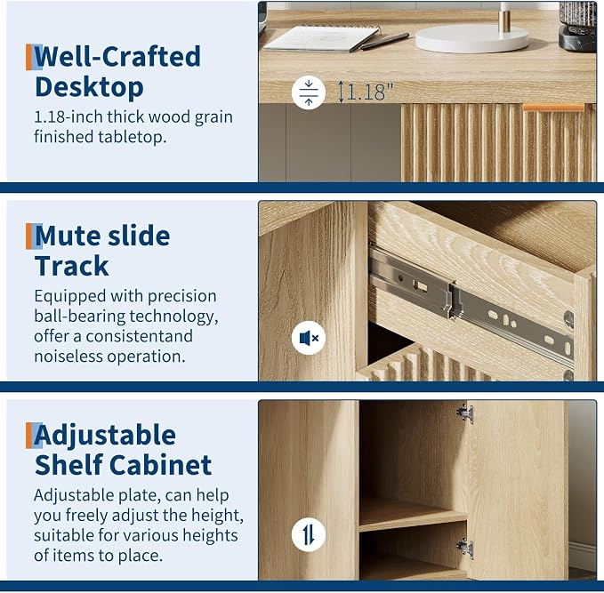 IDEALHOUSE Fluted Executive Desk with Drawers, 60" Modern Home Office Desk | with Storage Cabinet, Wood Fluted Computer Desks Workstation for Working, Studying, Writing, Natural Oak