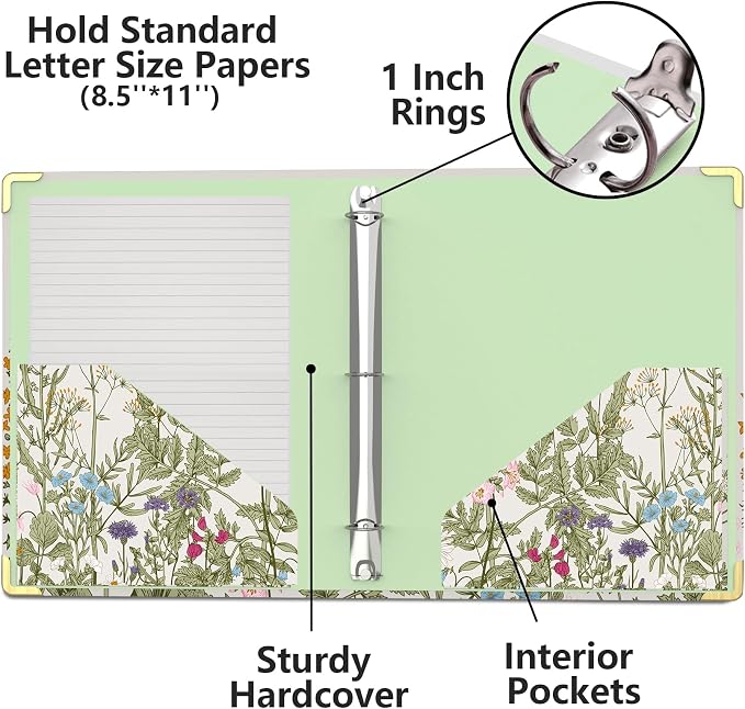 3 Ring Binder 1 Inch, Cute Decorative Hardcover Low Profile Clipboard with Storage, 1'' Round Ring Binders for Letter Size Paper, Durable Binder Organizer for School Office Supplies(Garden Flowers)