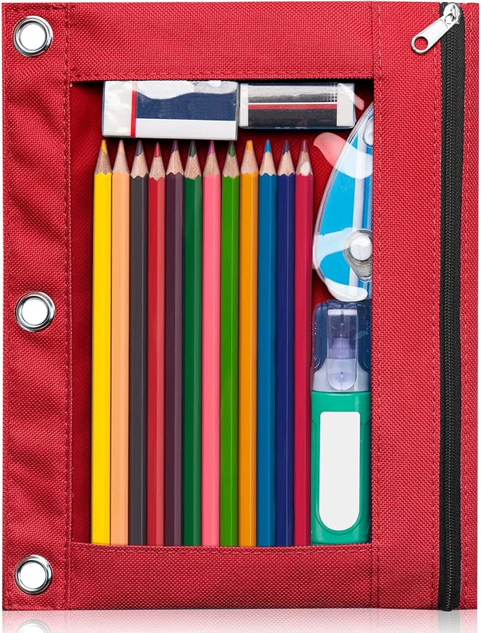Forvencer Pencil Pouch for 3 Ring Binder, Clear Window Pencil Case Binder | Smooth Zipper Pencil Bag, Big Capacity 3 Ring Binder Pencil Bag with 3 Reinforced Grommets, Bright Red