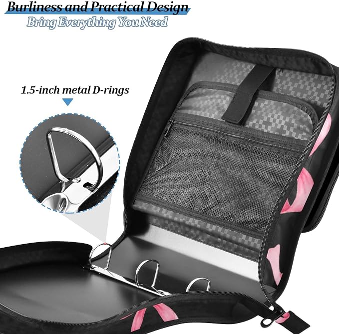 3 D-Ring Zipper Binder Bag, Pink Ribbon Bow Dots Black Pattern Removable Binder with Zipper Case Hold 300+ Sheets& 13 Inch Laptop for School Office Supplies Organizer
