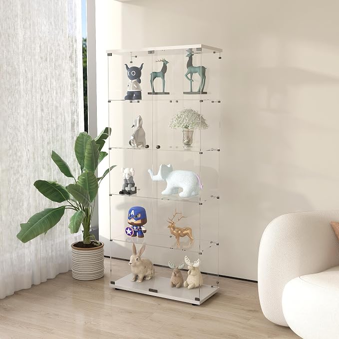 Frameless Glass Display Cabinet, Curio Cabinet Display Case with Lock and 2 Doors, Quick-Install Floor Standing Large Showcase Display Shelf for Collectibles, Legos, Figures, Plants