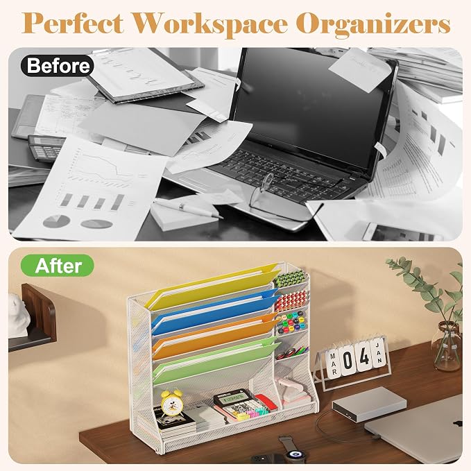 Jakyitvi Adjustable 5 Tiers Wall File Organizer Metal Hanging Holder White | 5 tiers desk paper organizer, folder holder wall mount, mail organizer for home office, hanging document tray