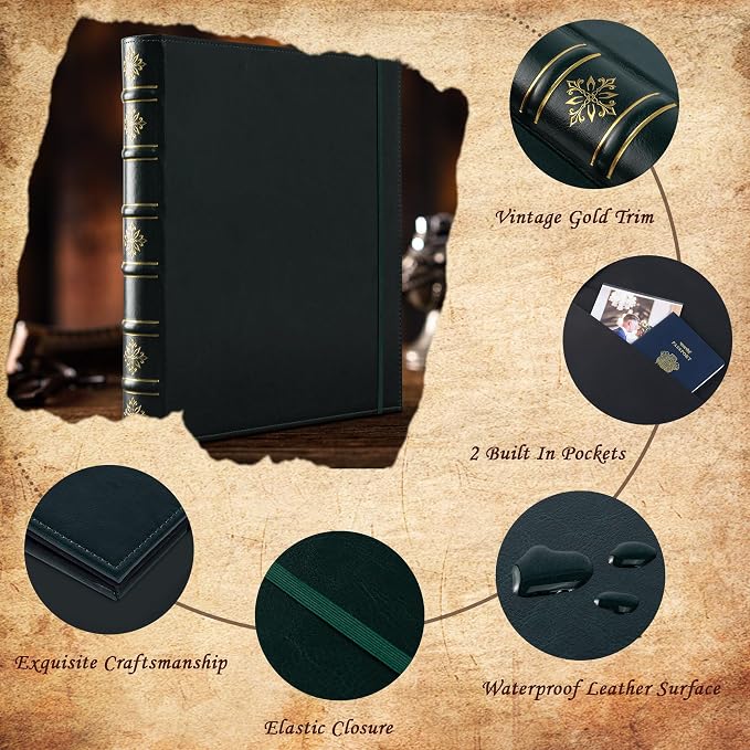 Ospelelf Vintage Leather 3 Ring Binder 1 Inch, Hardback D Ring Binder with Pockets and 5 Tab Dividers, Book Style Document Organizer Fits Letter Size Paper for Home and Office Green