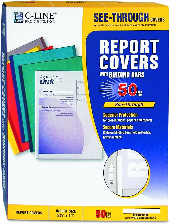 C-Line Report Covers with Binding Bars, Clear Vinyl, White Bars, 8.5 x 11 Inches, 50 per Box (32557)