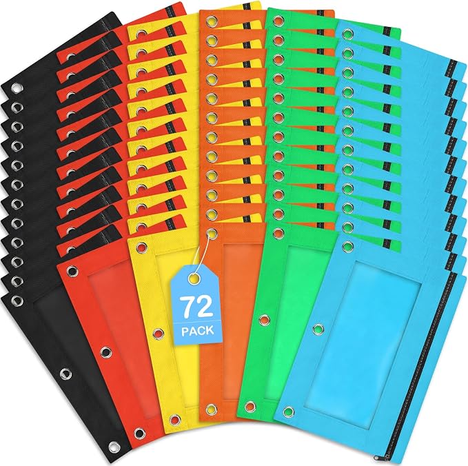 72 Pack Pencil Pouch For 3 Ring Binder | Pencil Pouch In 6 Assorted Colors, Smooth Zipper Pencil Pouches Bulk For School and Office Supplies With Clear Window