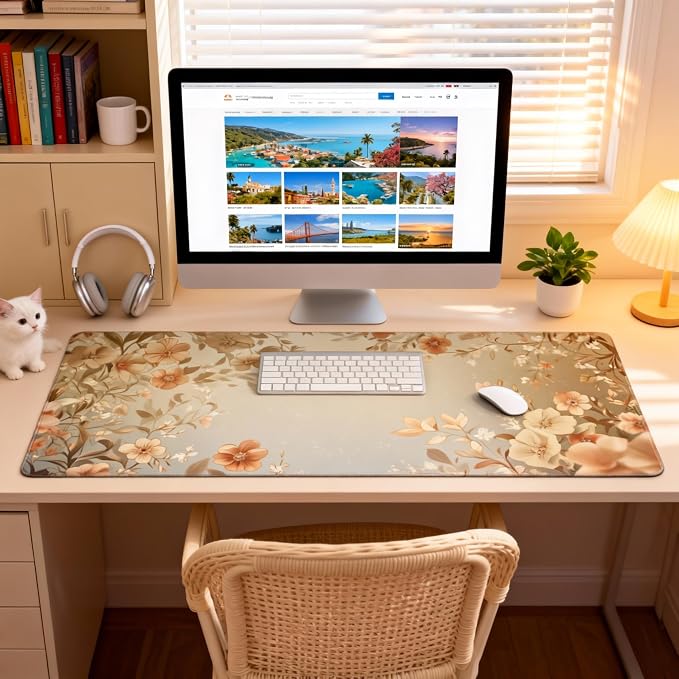 Cute Floral Aesthetic Daisy Gaming Mouse Pad, Muted Green Dreamy Desk Mat with Anti-Slip Base & Stitched Edges,35.4" x 15.7" in Desk Accessories for Women, Home Office Decor & Artistic Gift