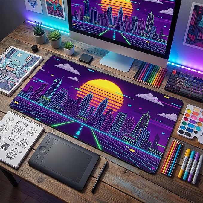 XXL Extended Gaming Mouse Pad, Cyberpunk Neon Synthwave Desk Mat Pixel | Retro Pixel Art Sunset Design with Stitched Edges & Non-Slip Rubber Base, Large Keyboard Mat for Gaming PC, Office Setup