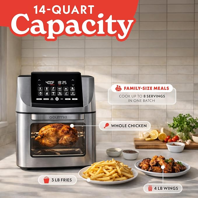 Gourmia Air Fryer - 14 Qt All-in-One Rotisserie Oven with Digital Display, 12 Presets, Roast, Bake, Broil, Dehydrate, Dishwasher Safe Accessories, Stainless Steel