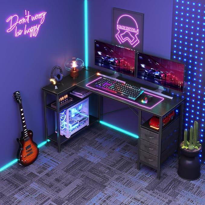 DUMOS L Shaped Desk with Drawers, Gaming Desk, 55 Inch | Power Outlet, Study Table, Adjustable Shelves, Home Office, Corner Computer Workstation, Bedroom, Black