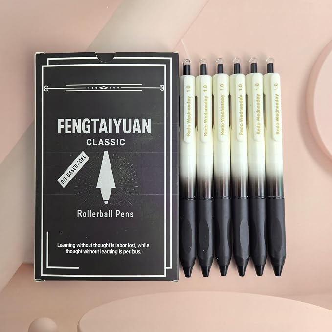 Fengtaiyuan Retractable Gel Pens, 1.0mm Bold Point, Quick Dry Black Ink, Gradient Black Barrel with Triangular Silicone Non-Slip Grip, Ergonomic Smooth Pens for Exam School Office [Pack of 6]