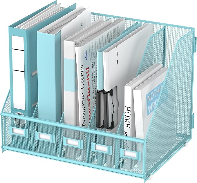 Desk Organizers Metal Desk Magazine File Holder with 5 Vertical Compartments Rack File Organizer for Office Desktop, Classroom, Home Workspace, Blue Plus