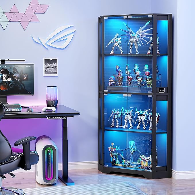 BROTTAR Lighted Corner Display Cabinet with Glass Doors for Collectibles | 65" Curio Cabinet with 3 Color LED Lights, 4-Tier Showcase Display Case with Human Body Sensor for Trophies, Books, Black