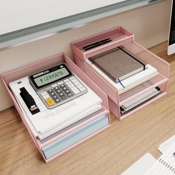Natwind 4-Tier Stackable Metal Mesh Letter Paper Tray Organizer,Pink | Desk Organizer For Paper,Document,Mail Tray For Office Supplies,File Holder For Home Office School Classroom Organization