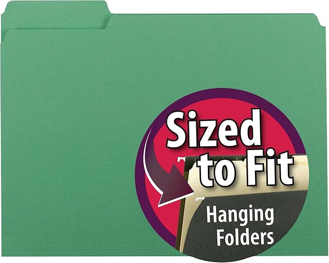 Smead Interior File Folder, 1/3-Cut Tab, Letter Size, Green, 100 per Box, Expandable File Folders for Filing Cabinet