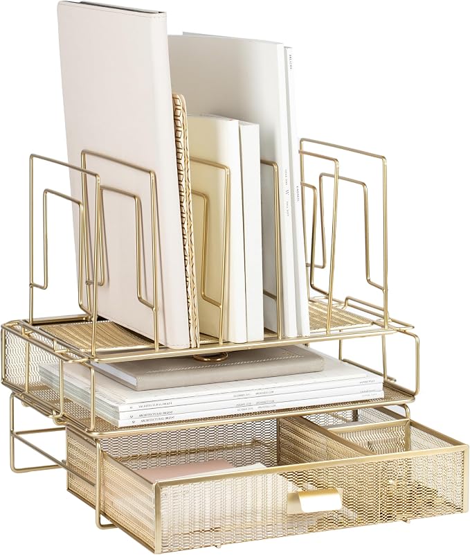 BLU MONACO | Gold Desk Organizer Set with Detachable File Organizer, Stackable Paper Tray & Storage Drawer | Stylish Gold Desk Accessories for Women & Office Organization