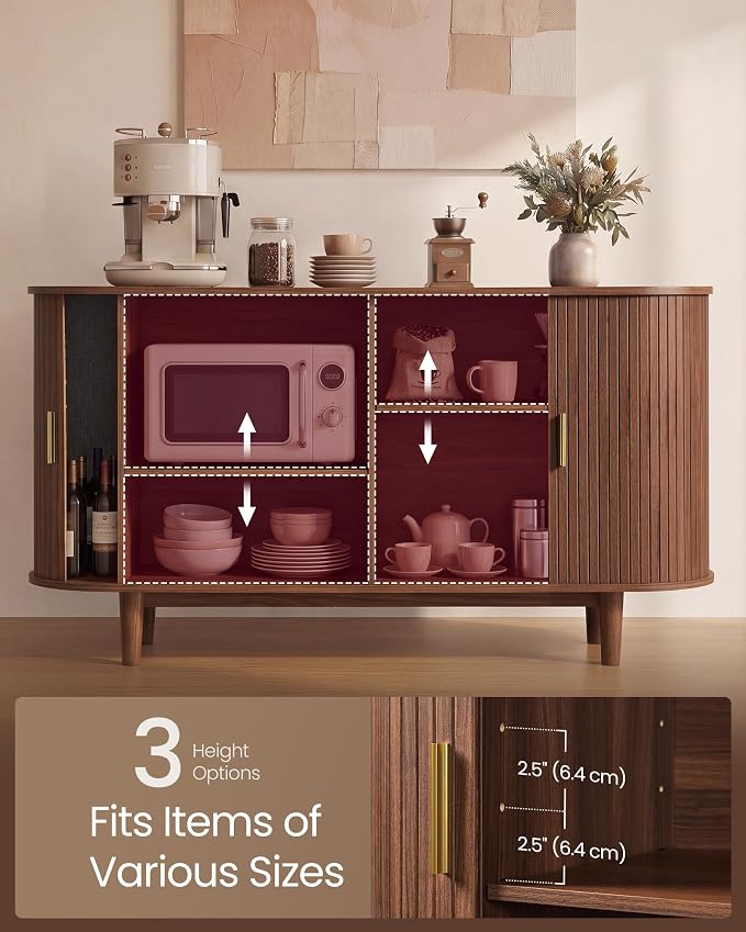 VASAGLE Storage Cabinet, Sideboard with Adjustable Shelves | Mid-Century Modern Buffet Cabinet, 55.1 x 15.7 x 29.5 Inch, for Living Room, Walnut, MIRIANA Collection ULSC631KX01