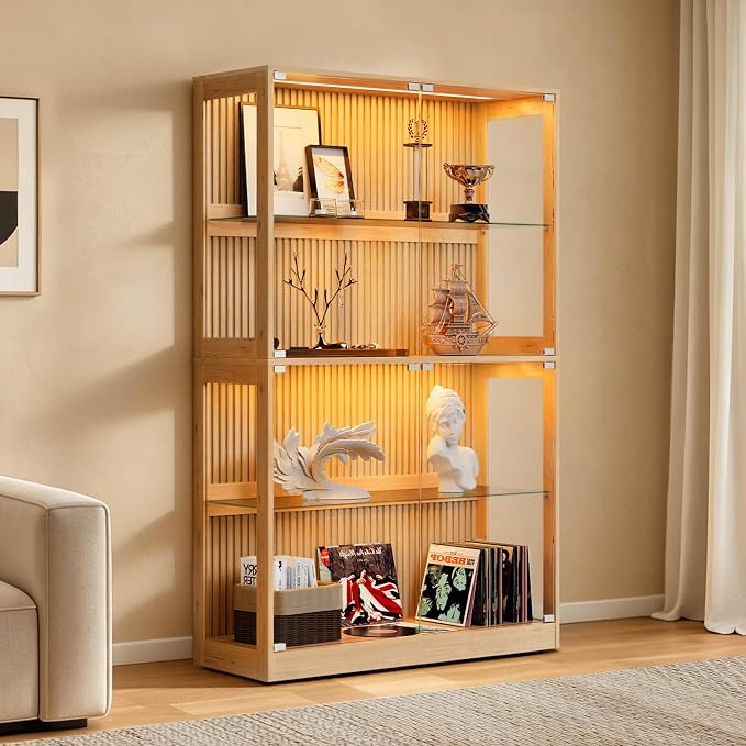 AMERLIFE 45-Inch RGB Display Cabinet with Glass Doors | 70 H x 45 W x 16 D In, 4-Tier Storage, RGB LED Lights, Press-to-Open Doors, for Collectibles, Wood-Grain Slatted Finish