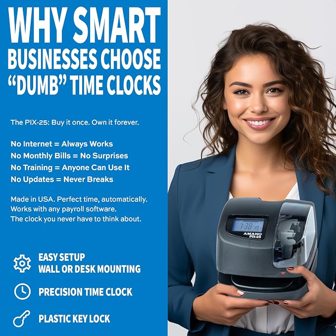 Amano PIX-25 Automatic Date & Time Stamp Machine, Digital Document Stamper for Office, WWVB Atomic Signal Synchronization, Electronic Employee Clock, Made in USA