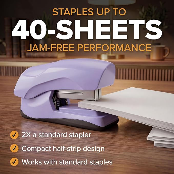 Bostitch Heavy Duty Compact Stapler, 40-Sheet Capacity, No-Jam Technology, Flat Clinch Design, Half-Strip Desktop Stapler, Purple