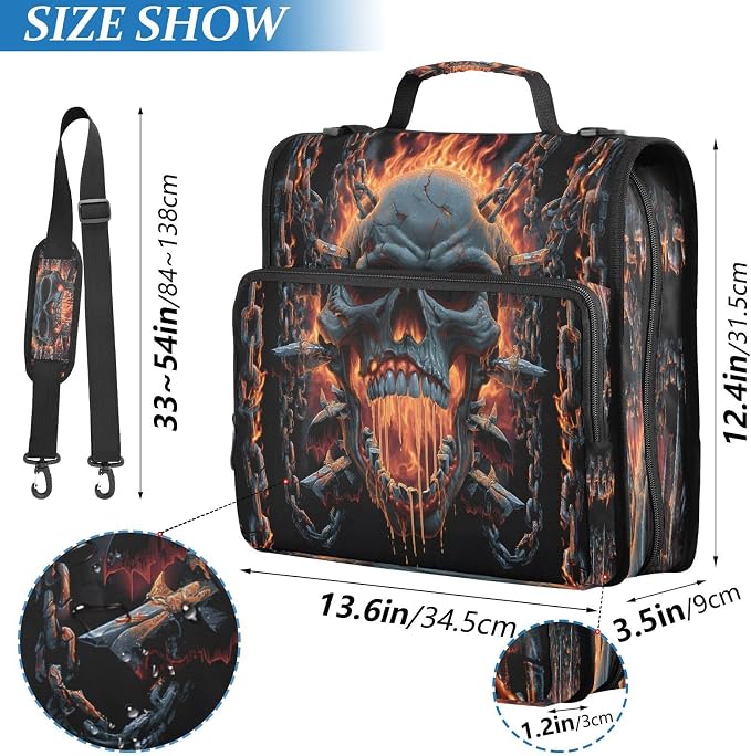 ALAZA Zipper Binder 3 Ring Skull Chain Flame Binder Organizer with Zipper and Shoulder Strap Large Capacity Multi-Pocket Trapper Keeper File Folder for Office Supplies