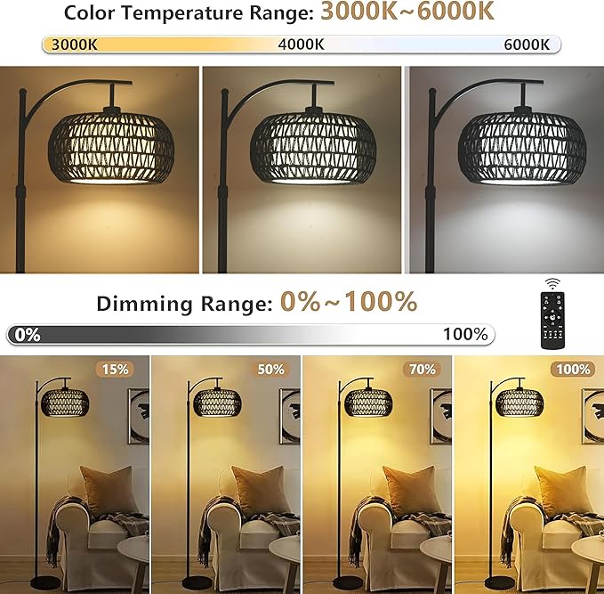 ZECOXOL Arc Floor Lamp with 3 Color Temperatures,Black Floor Lamp with Remote Control, Boho Standing Lamp with Rattan Wicker Shades, Farmhouse Tall Pole Lamp for Living Room Bedroom