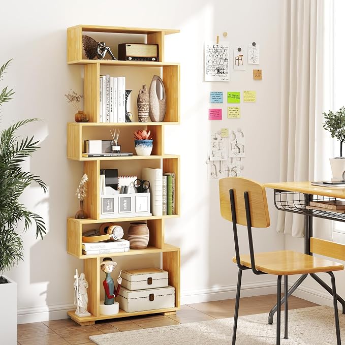 Tangkula 6-Tier S-Shaped Bookshelf, 64" Freestanding Geometric Bookcase, Home Office Wood Storage Shelf with Anti-Toppling Device, Room Divider Display Rack for Study, Living Room (2, Burlywood)